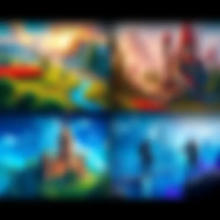 Different Video Game Worlds A colorful collage of various video game worlds including a peaceful farm, a fantasy kingdom, and a bustling city, showing the diversity of game settings people can choose to live in.