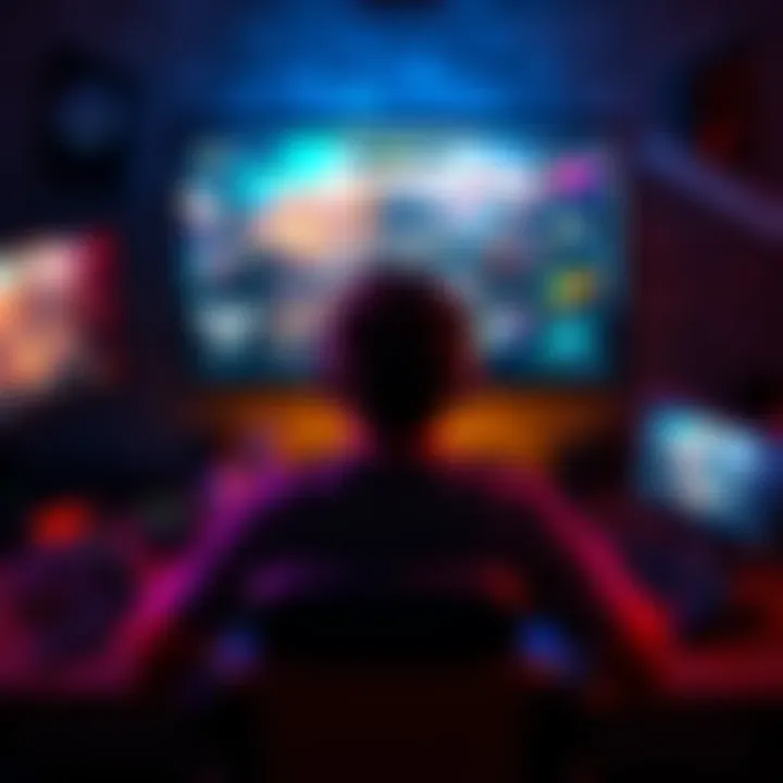 A gamer sitting in front of a screen, focused on completing a video game with achievements displayed, surrounded by gaming accessories.