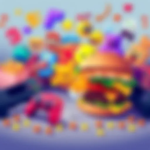 A colorful illustration showing various video game characters represented as different food items, like a pixelated pizza and a burger with gaming icons around.