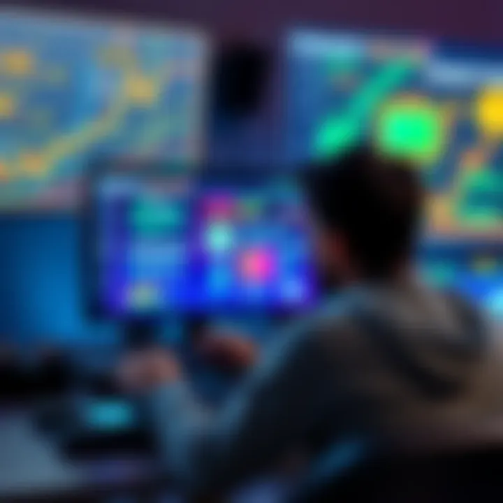 A person playing a video game that teaches programming and electronics skills, with informative graphics on the screen.