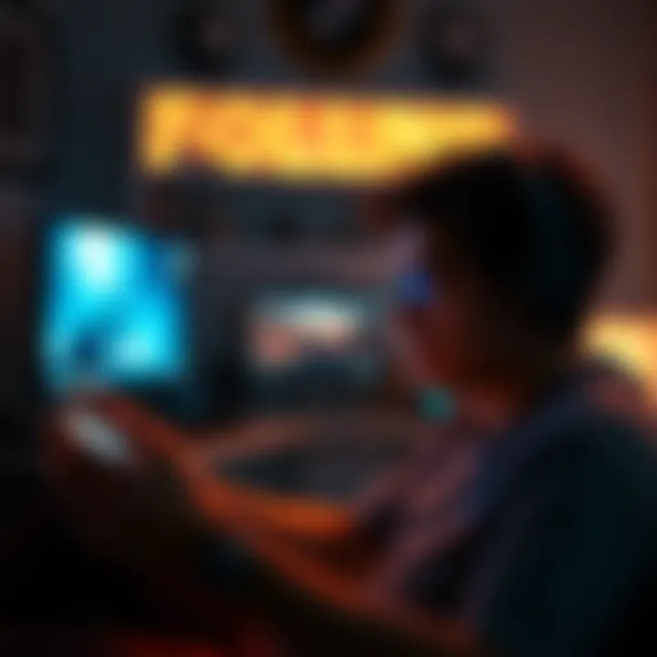 A person playing video games late at night, illuminated by the screen light