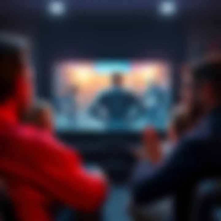 Viewers React to Livestream A group of people expressing shock and disappointment while watching a livestream on a screen showing a character's trailer