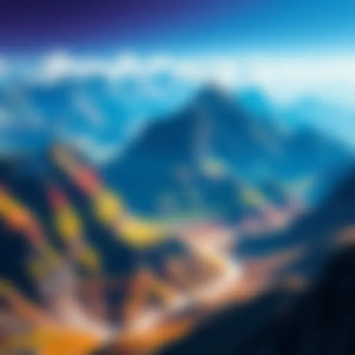 A vibrant view of a game world showcasing colorful peaks and valleys, highlighting obstacles and challenges for players.
