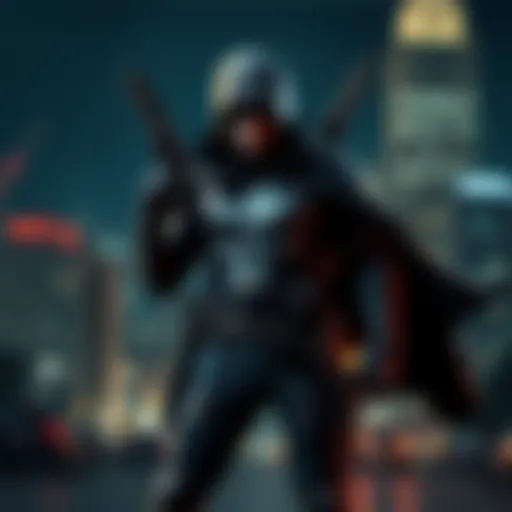 A vigilante character with a dark outfit and weapons, standing ready for action against a city backdrop at night.