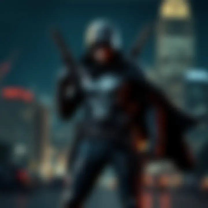 A vigilante character with a dark outfit and weapons, standing ready for action against a city backdrop at night.