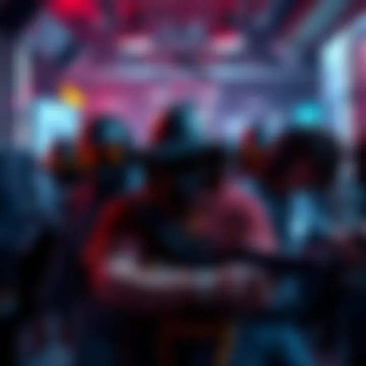 Vigilantes in Gaming Lobby A group of gamers in a virtual space, some displaying aggressive stances while others appear defensive, showcasing the tension in solo lobbies.