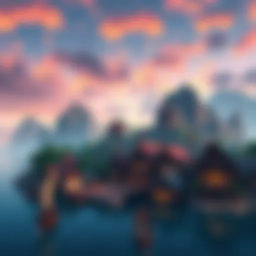 A scenic view of the Viking-themed town Ele with coastal mountains in Minecraft's Sky Pixel world.