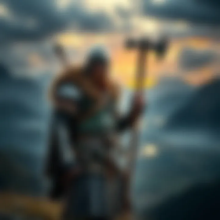 Viking warrior in battle gear A Viking warrior wearing traditional armor and wielding an axe, standing proudly amidst a dramatic landscape filled with mountains and water, representing Viking culture inspired by Assassin's Creed V...