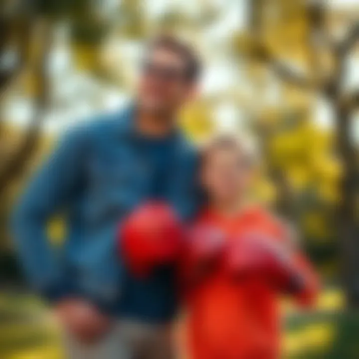Viktor Serio, a supportive father, stands proudly next to his son V, who wears boxing gloves, showcasing their bond and joy in a sunny park setting.