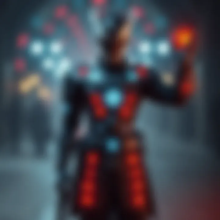 A person dressed as Viktor with detailed costume, featuring glowing LED lights and rotating runes, stands confidently in a dramatic pose.