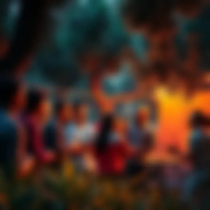 A group of people engaged in a significant event, discussing and sharing ideas about the Vila encounter, surrounded by nature.