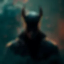 Villain Character Concept A dark figure representing a modern villain, with sharp features and a dramatic pose, surrounded by shadowy elements.