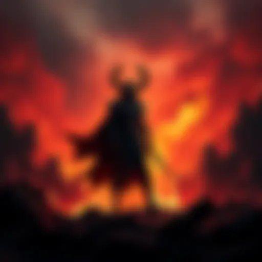 Villain in video game setting A dark and brooding character stands confidently in a fiery landscape, showcasing a menacing presence, representing the role of a true villain in video games.