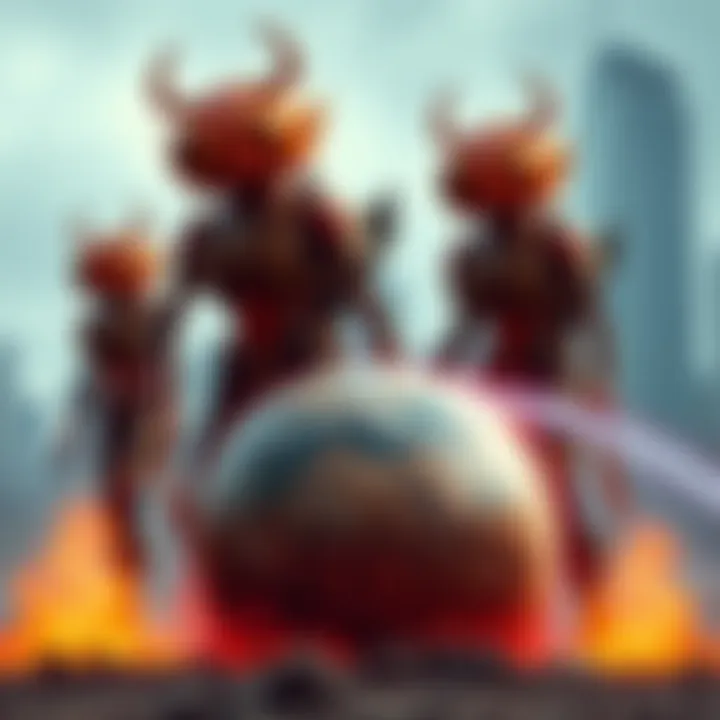 Viltrumites stand confidently on Earth, demanding the hard work of humans, with a backdrop of a city skyline.