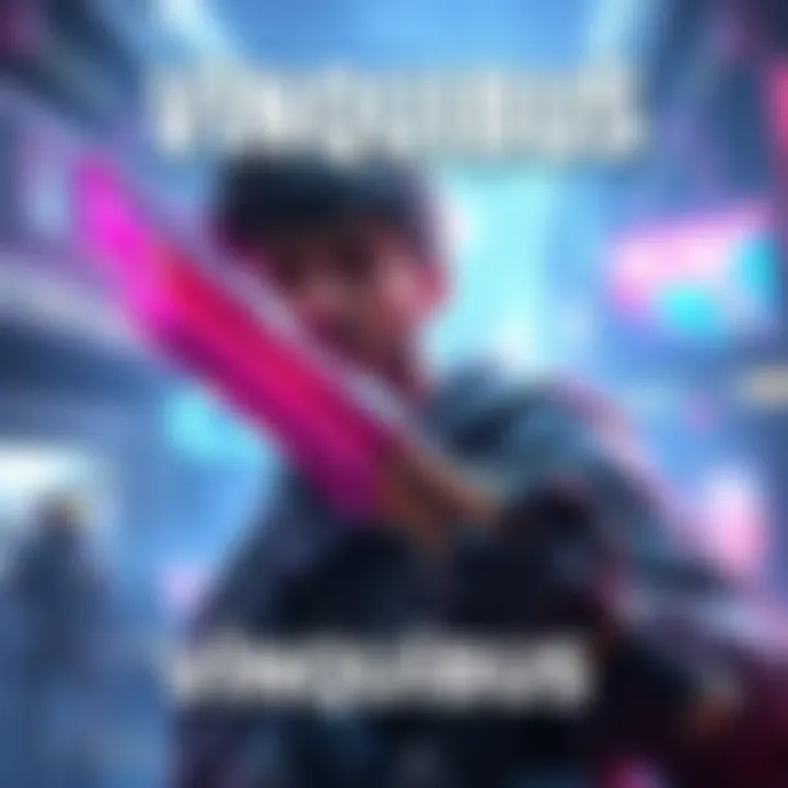 A character holding the Vinquibus, a futuristic bayonet, with a backdrop of a vibrant gaming environment.