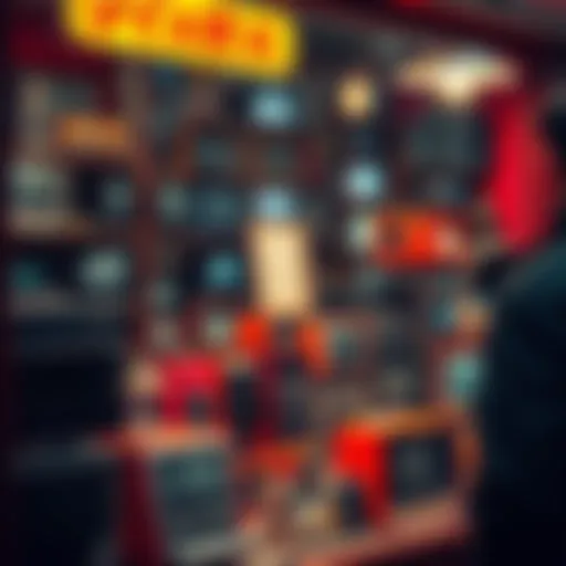 A collection of vintage electronics items displayed in a shop window, catching the attention of a passerby.