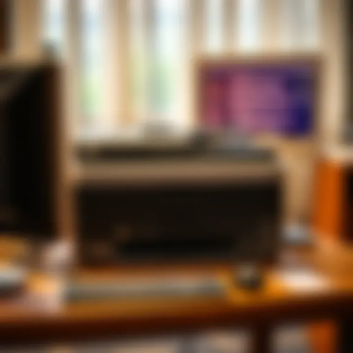 Classic HP LaserJet 4100N printer displayed on a table, fully functional and connected to a computer running Windows 11.