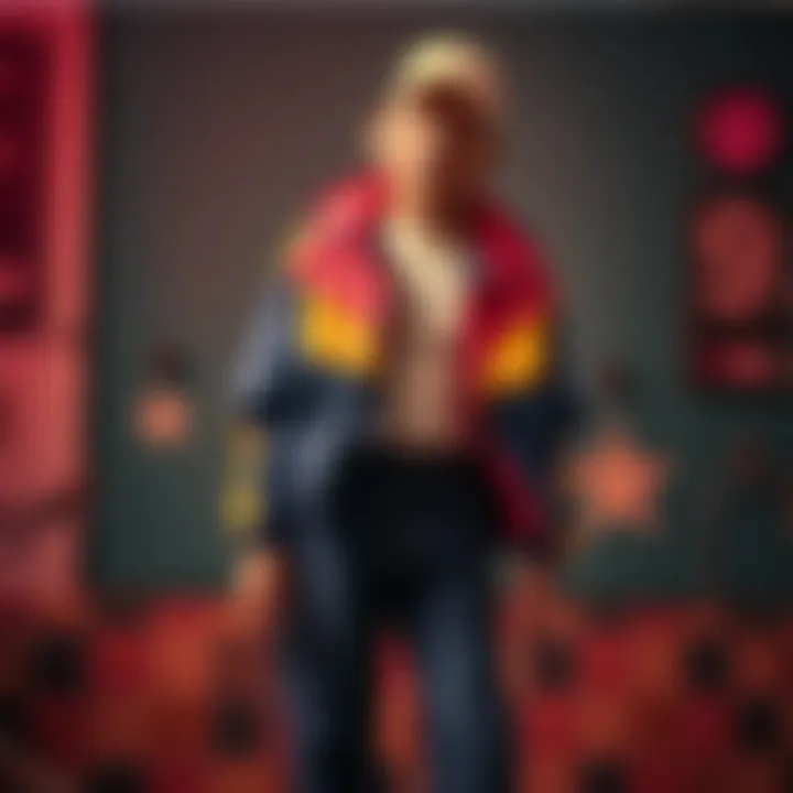 A person wearing nostalgic 90s fashion, with a colorful windbreaker and high-waisted jeans, standing against a retro backdrop.