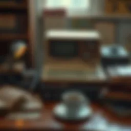 A vintage KW Computer is displayed on a wooden desk surrounded by old tech books and a cup of coffee.