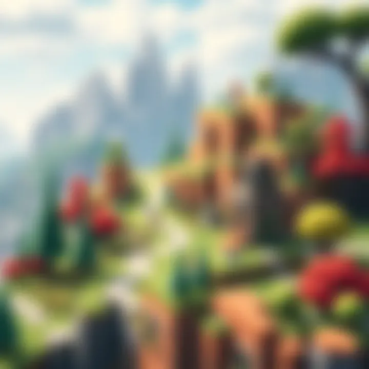 A colorful scene from Vintage Story showing players exploring a blocky world filled with trees and mountains