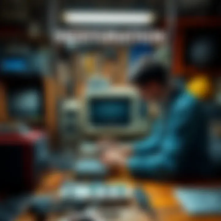 Vintage Tech Restoration A person restoring a classic computer, surrounded by tools and old technology, showcasing the love for retro devices.