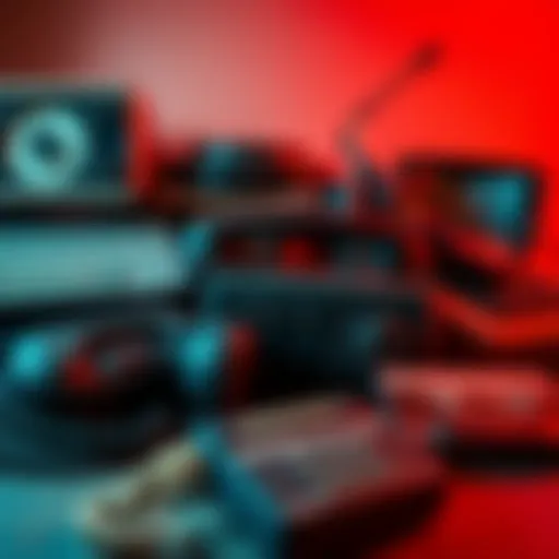 A collection of vintage technology gadgets like a rotary phone, typewriter, and a cassette player, representing simpler times before modern tech.