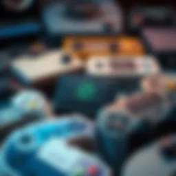A collection of vintage video game controllers representing classic gaming eras, contrasting with modern gaming consoles.