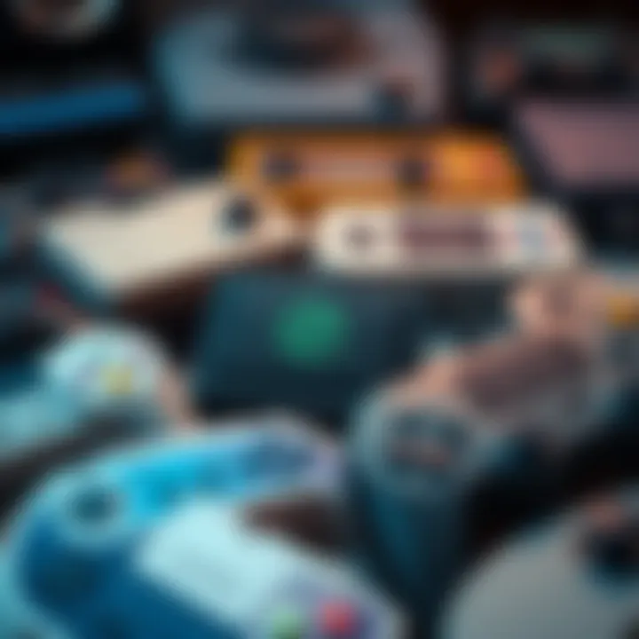 A collection of vintage video game controllers representing classic gaming eras, contrasting with modern gaming consoles.
