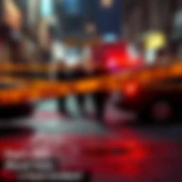 A chaotic scene showing a bloodied area with police tape and emergency responders at the site of a violent event.