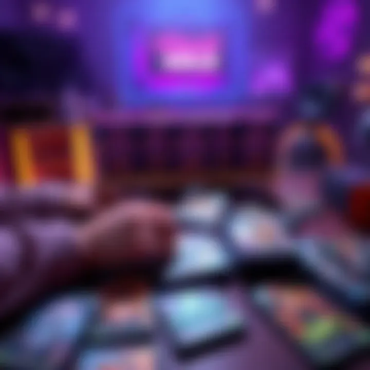 A gamer prepares to open multiple Violet Hold packs with excitement, showcasing a collection of colorful game cards scattered on a table.