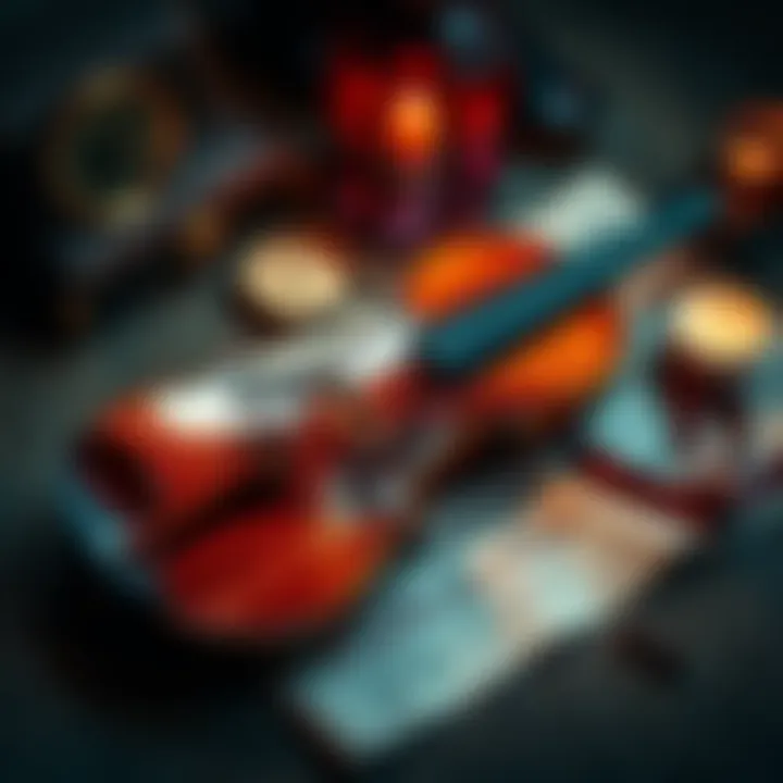 A violin resting on sheet music with elements representing the Assassin's Creed II soundtrack, symbolizing a search for a missing song