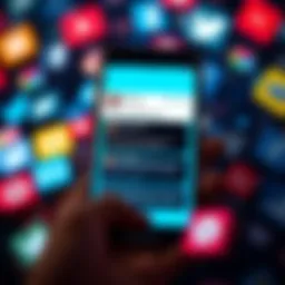 A smartphone screen showing a tweet with notifications about its viral status, surrounded by social media icons.