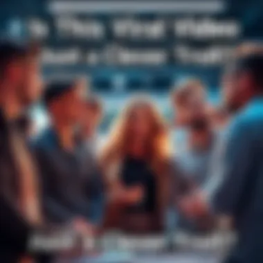 People debating over viral video A group of people discussing a trending video, some laughing while others look skeptical.