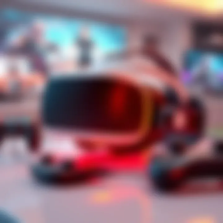A sleek virtual reality headset placed on a table with gaming controllers nearby, showcasing the technology's appeal and cost concerns.