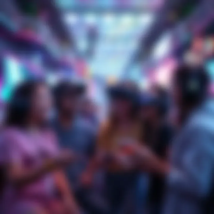 A group of gamers socializing in a colorful open-world game, enjoying the digital environment together