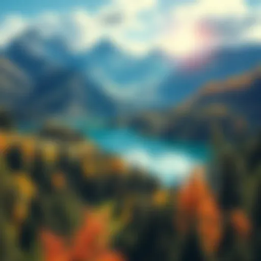 A colorful game environment showcasing mountains, forests, and a peaceful lake where players can relax and explore.