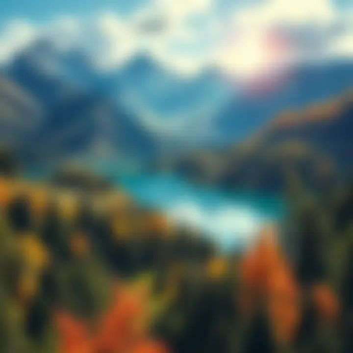 A colorful game environment showcasing mountains, forests, and a peaceful lake where players can relax and explore.