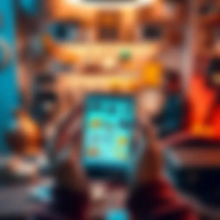 Virtual Items and Real-Life Aspirations A person holding a smartphone showing virtual items on the screen, looking inspired and thoughtful, surrounded by everyday objects.