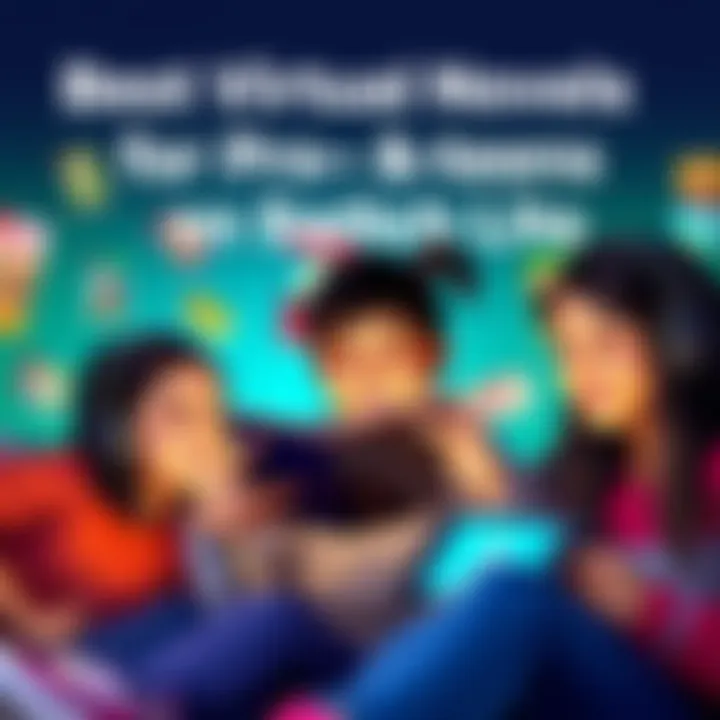 Virtual Novels for Kids A group of pre-teens happily reading virtual novels on a Nintendo Switch Lite, surrounded by colorful book covers and game icons.