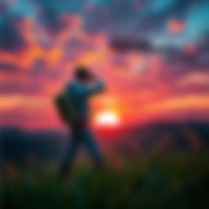 A character in the game stands striking a pose in front of a vibrant sunset, capturing a stunning virtual photograph.