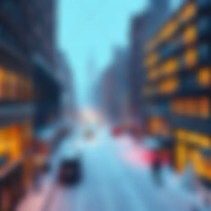 A low poly virtual world depicting a snowy New York City, with warm lights glowing from buildings and snow gently falling.