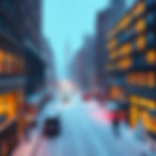 Virtual Snowy New York A low poly virtual world depicting a snowy New York City, with warm lights glowing from buildings and snow gently falling.