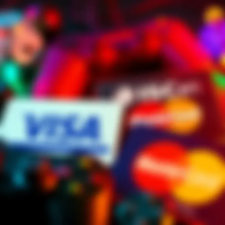 Visa and Mastercard logos surrounded by gaming controllers and symbols, representing their role in gaming transactions