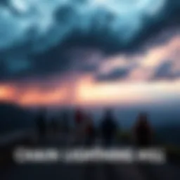 A group of people exploring the scenic views at Chain Lightning Hill with stormy clouds above