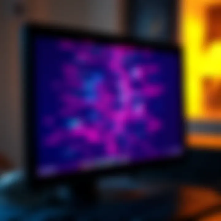 Visual Glitch on Device A close-up of a computer screen displaying a strange visual glitch with distorted colors and shapes