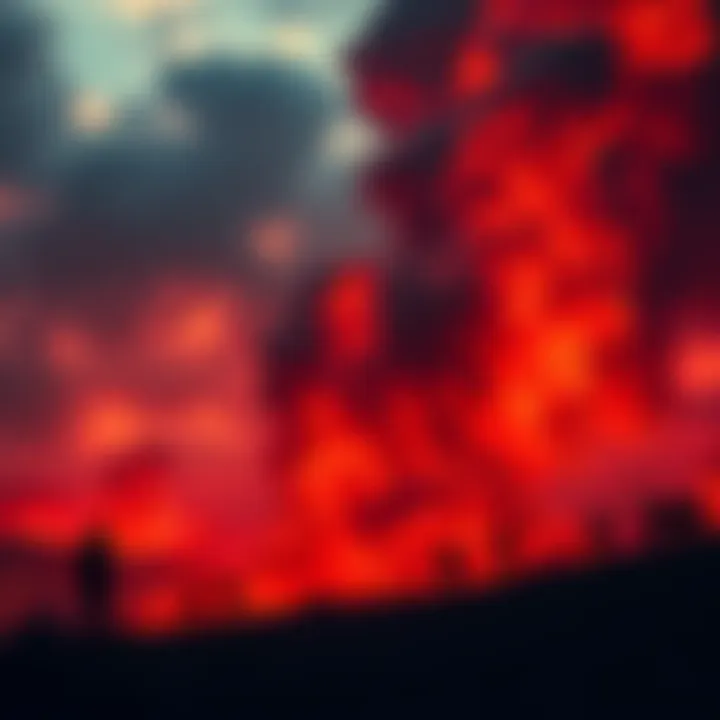 A fiery landscape with dark skies and tormented figures, symbolizing various interpretations of hell.