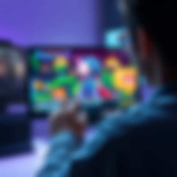 A person using an eyegaze monitor to play a visual novel game, showing colorful graphics and simple controls on the screen.