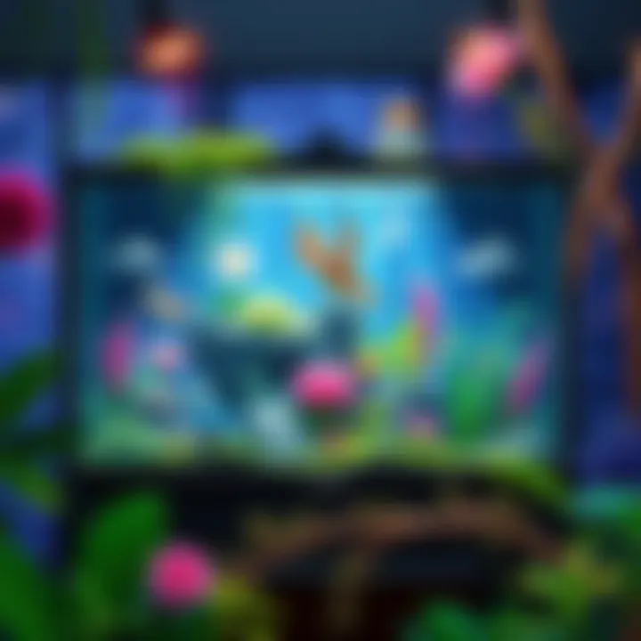 A digital illustration showing a vibrant vivarium with customizable weather, creative elements, and sharing features highlighted