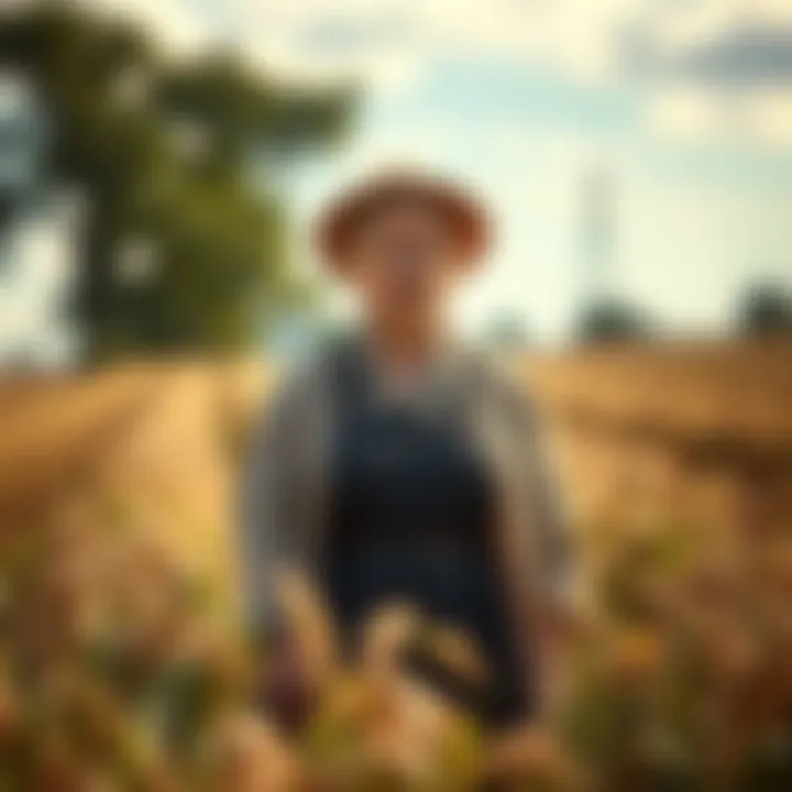 Vivienne Cruft, a peasant woman, stands in a field with crops around her, representing her hard work and resilience