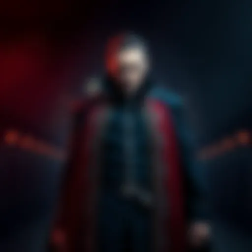 Vlad Dracula stands tall in his regal attire, showcasing a powerful and calm demeanor, surrounded by a dark and moody backdrop.